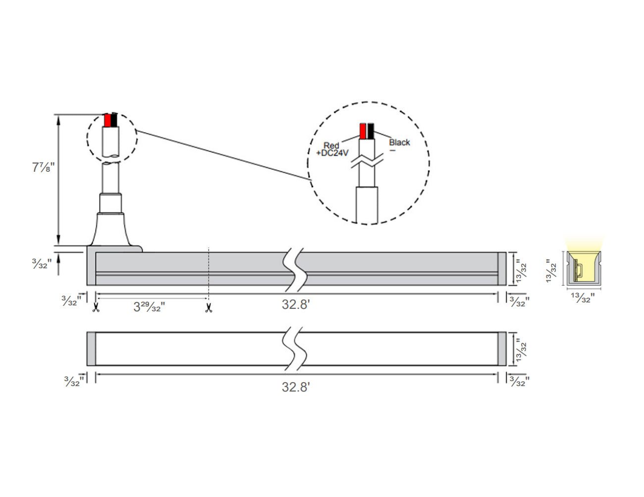 The dimensions of the side bend neon LED lights.