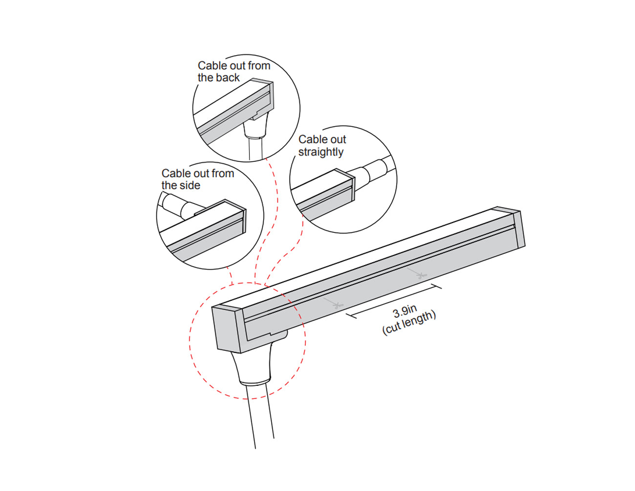 Feed wire options on the rear, side, and bottom for the side bend neon LED lights.