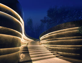 Side bend neon LED lights are used for outdoor hallway illumination.