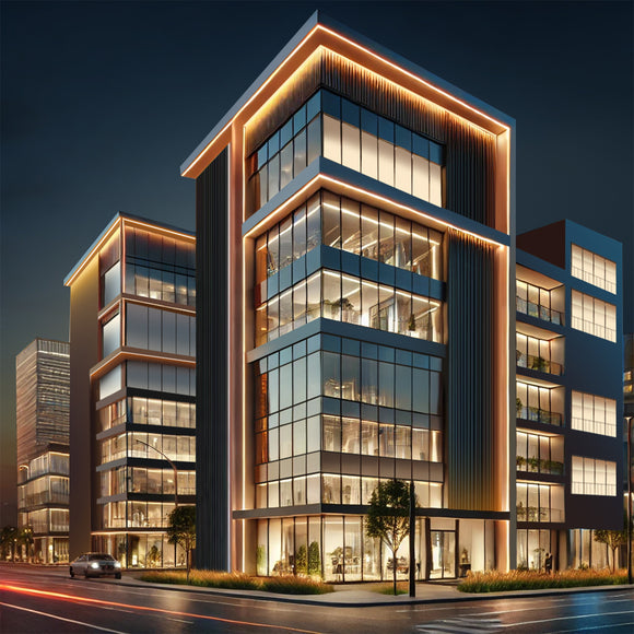 Side bend neon LED lights are used for outdoor building illumination.