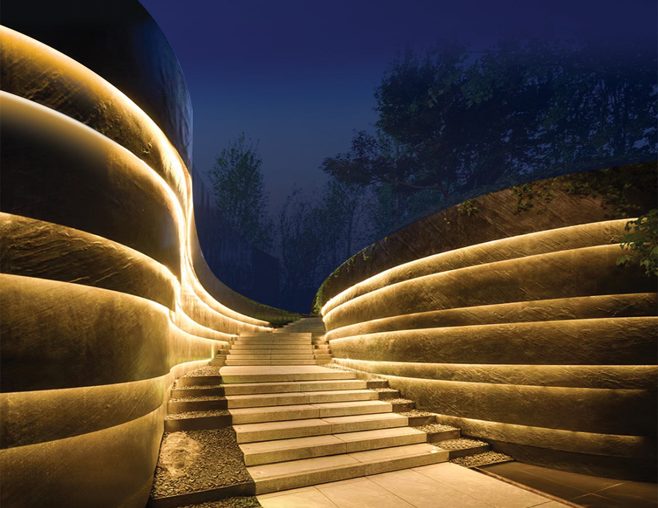 Side bend neon LED lights are used for outdoor hallway illumination.