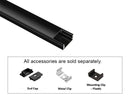 GL LED Slim Flat YD-1205 Black Aluminum Channel with Black Diffuser for LED strips. Accessories, including End Cap, Metal Clip, and Plastic Mounting Clip, are displayed below (sold separately).