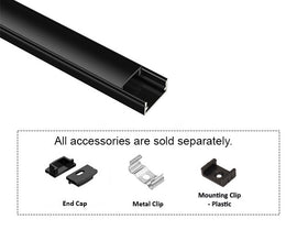GL LED Slim Flat YD-1205 Black Aluminum Channel with Black Diffuser for LED strips. Accessories, including End Cap, Metal Clip, and Plastic Mounting Clip, are displayed below (sold separately).