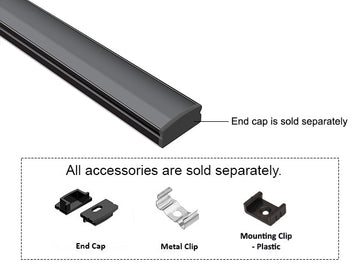GL LED Slim Flat YD-1205 Black Aluminum Channel with Black Diffuser for LED strips. Accessories, including End Cap, Metal Clip, and Plastic Mounting Clip, are displayed below (sold separately).