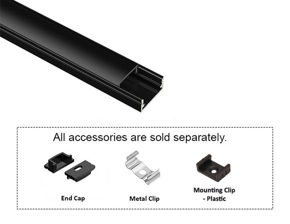 GL LED Slim Flat YD-1205 Black Aluminum Channel with Black Diffuser for LED strips. Accessories, including End Cap, Metal Clip, and Plastic Mounting Clip, are displayed below (sold separately).