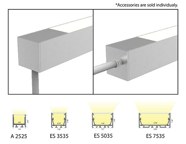 Power lead cable position options and available aluminum channel options for the 120VAC Flicker Free LED strip lights.