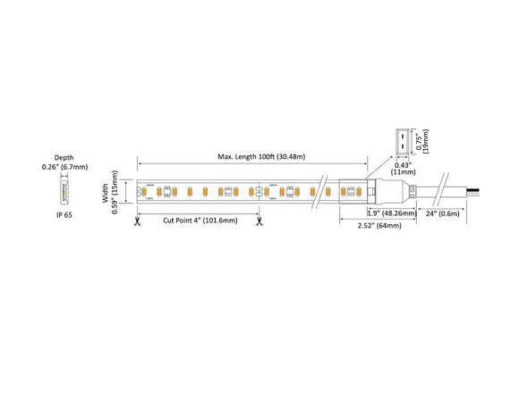 Dimensions of the 120VAC Pro-S LED strip lights.