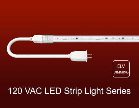 Top view of GL LED 120V LED strip light PRO-H model red color with a plug-in ready power cable. The strip light is dimmable using ELV dimming method.
