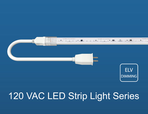 Top view of GL LED 120V LED strip light PRO-H model blue with a plug-in ready power cable. The strip light is dimmable using ELV dimming method.