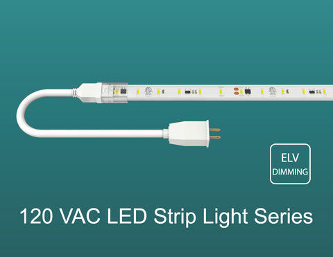 Top view of GL LED 120V LED strip light PRO-H model white color with a plug-in ready power cable. The strip light is dimmable using ELV dimming method.