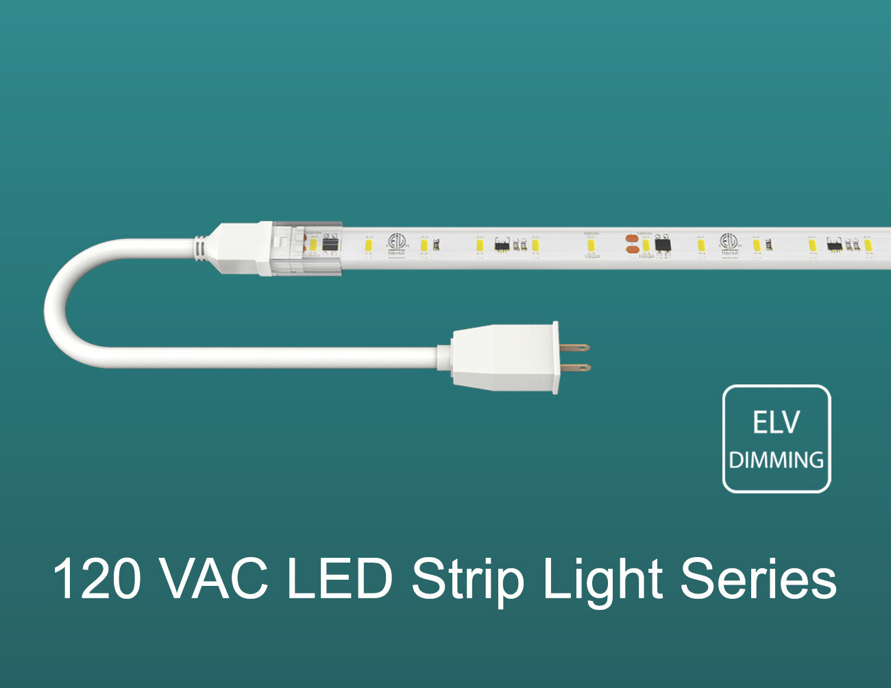 Top view of GL LED 120V LED strip light PRO-S model white color with a plug-in ready power cable. The strip light is dimmable using ELV dimming method.