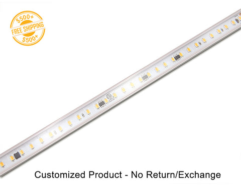 Top view of GL LED 120V LED strip light PRO-H model white color. The product is customizable. A label of free shipping for orders over $500 is shown as well.