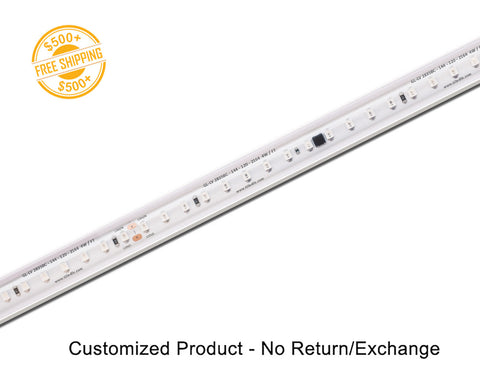 Top view of GL LED 120V LED strip light PRO-H model blue color. The product is customizable. A label of free shipping for orders over $500 is shown as well.