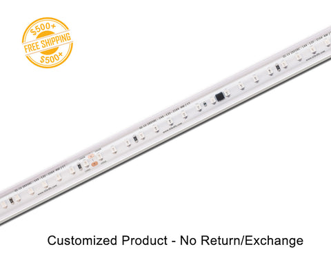 Top view of GL LED 120V LED strip light PRO-H model red color. The product is customizable. A label of free shipping for orders over $500 is shown as well.