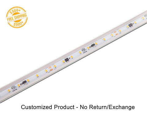 Top view of GL LED 120V LED strip light PRO-S model white color. The product is customizable. A label of free shipping for orders over $500 is shown as well.