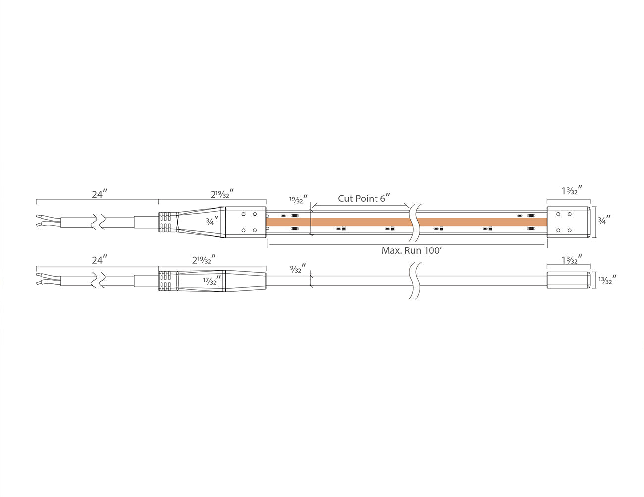 Dimensions of the 120VAC 3000K COB LED strip lights.