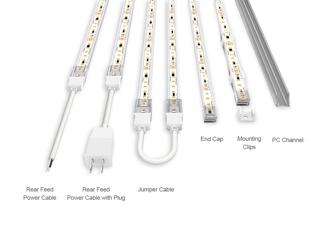 The cables, channels, clips, and caps for the 120VAC Flicker Free LED strip lights.