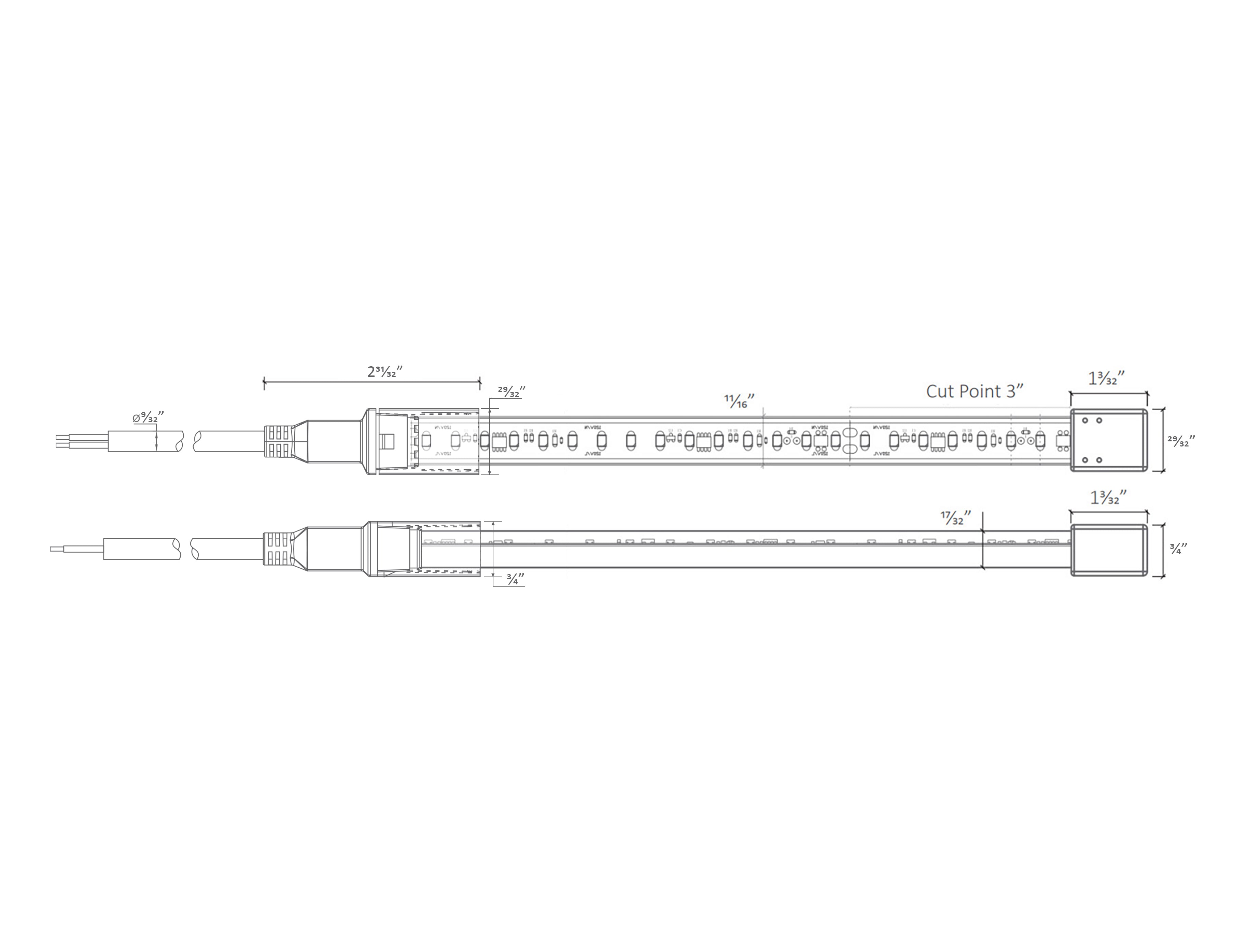 Dimensions of the 120VAC LED strip lights.