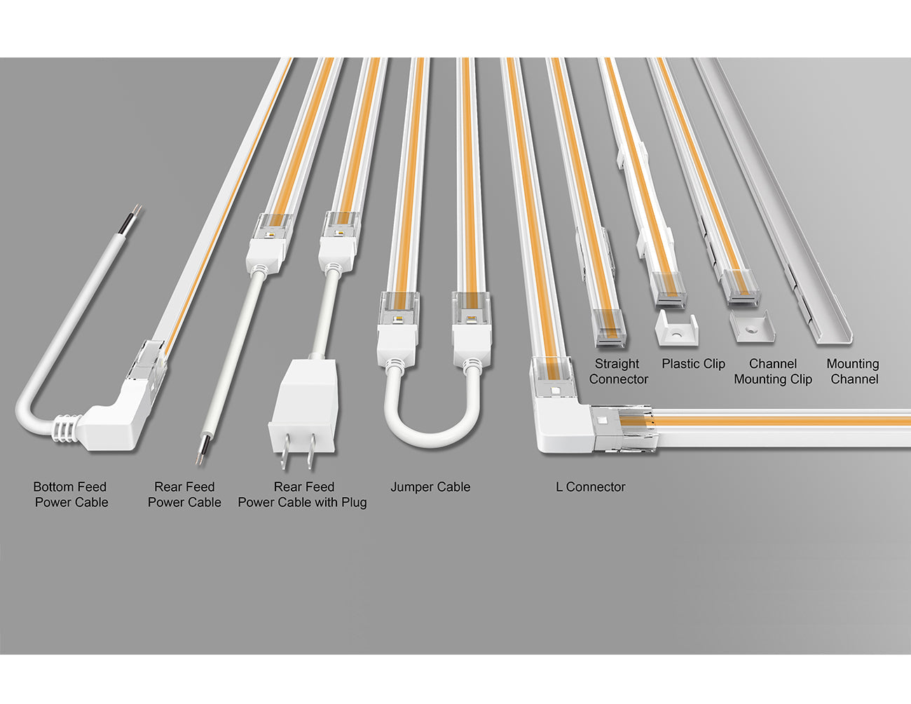 Clip, channel, cable, and cap options for the 120VAC COB LED strip lights.