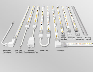 Cable, channel, clip, and cap options for the 120VAC LED strip lights.