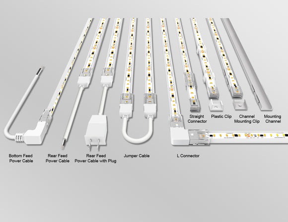 Cable, channel, clip, and cap options for the 120VAC LED strip lights.