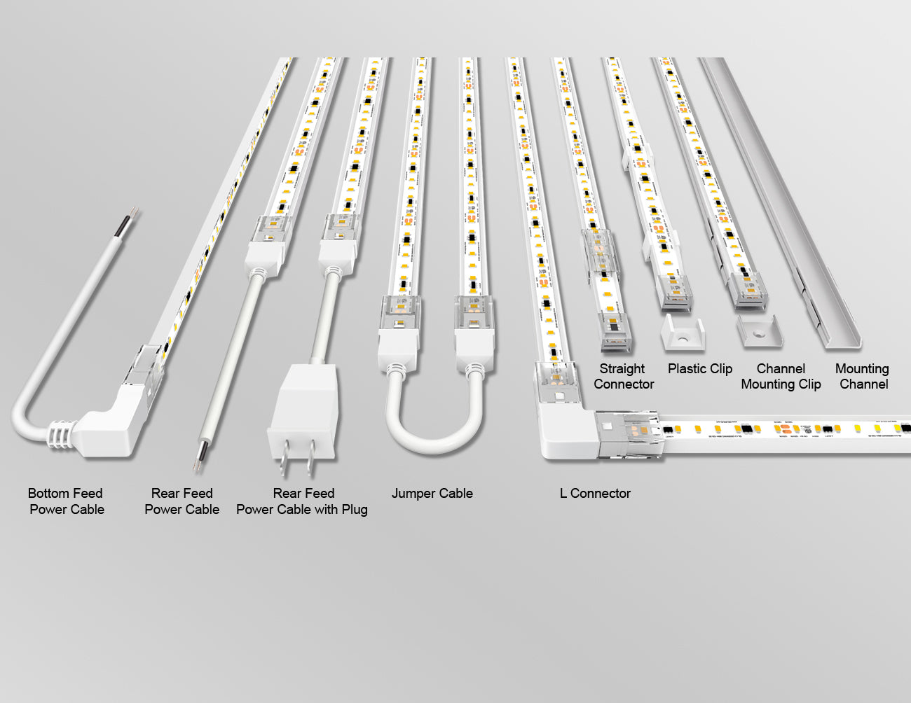 Cable, channel, clip, and cap options for the 120VAC Pro-S LED strip lights.