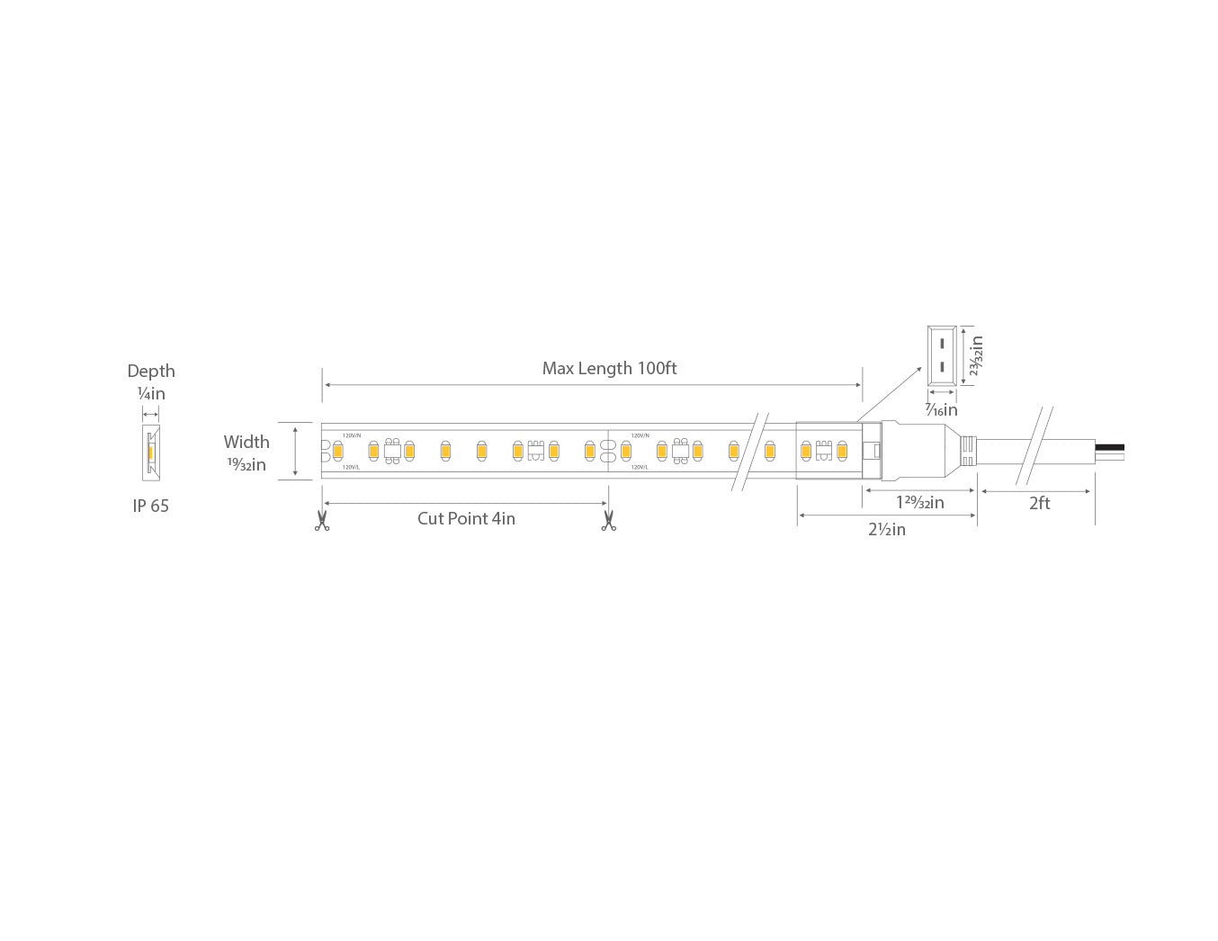 Dimensions of the 120VAC Pro-S LED strip lights.