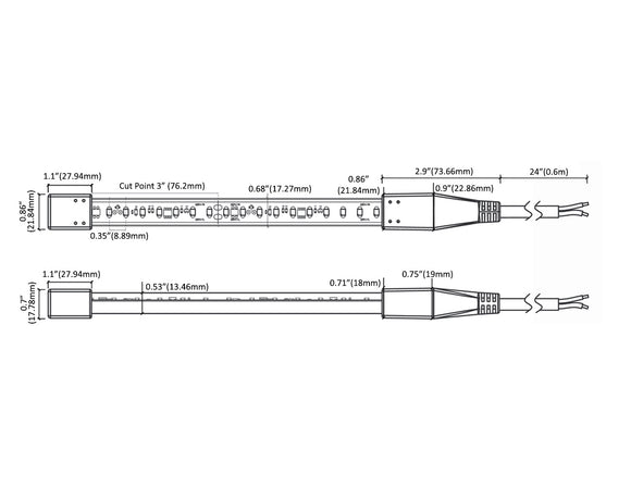Dimensions of the 120VAC 2700K LED strip lights.