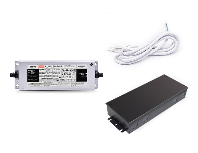 150W 24VDC LED driver with white three-prong power cord for line voltage and black junction box.