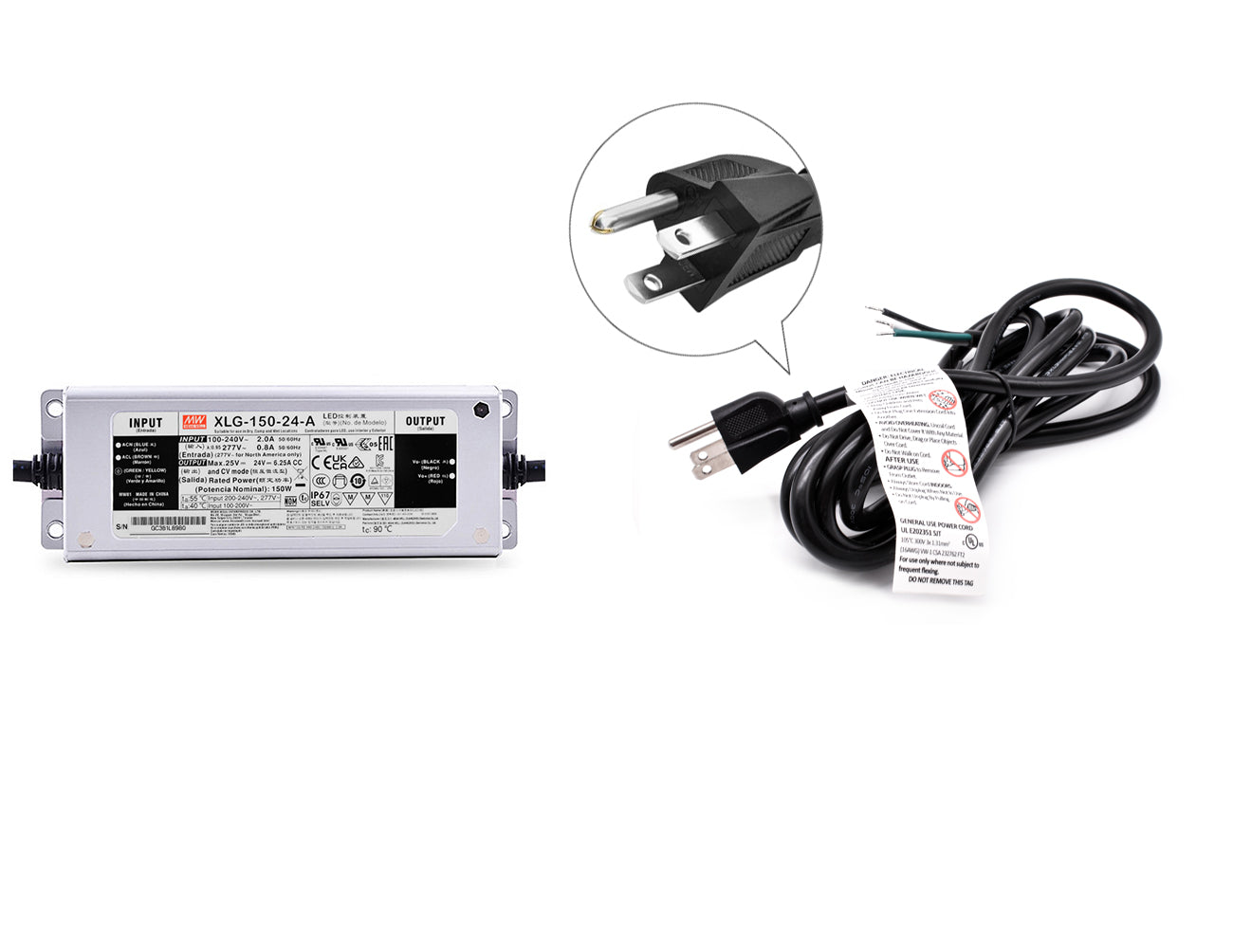 150W 24VDC LED driver with black three-prong power cord for line voltage.