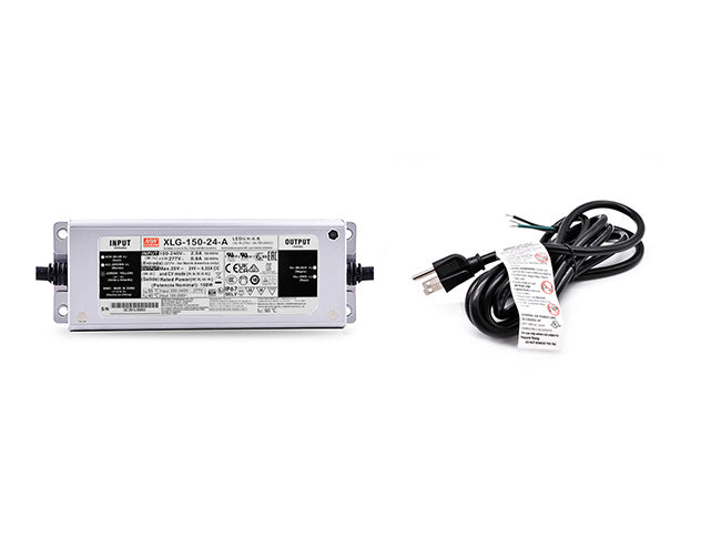 150W 24VDC LED driver with black three-prong power cord for line voltage.