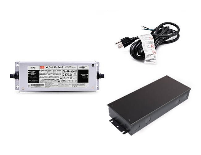 150W 24VDC LED transformer with black three-prong power cord and black junction box sold separately.