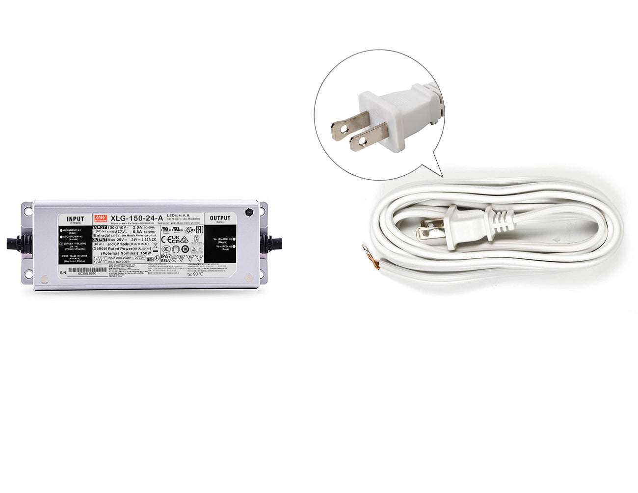 150W 24VDC LED power supply and white two-prong power cord for line voltage.