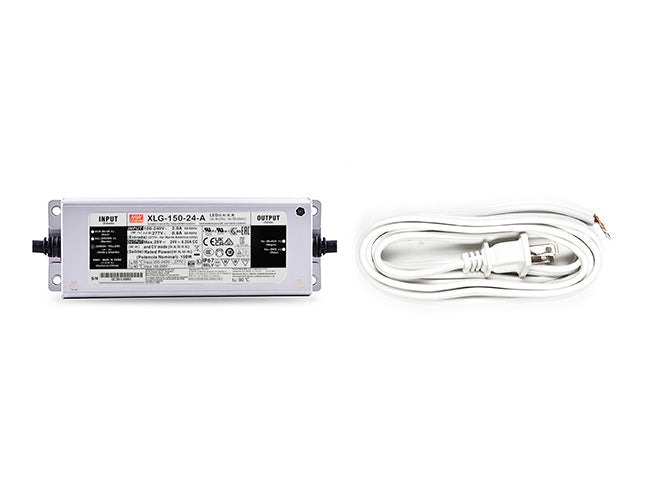 150W 24VDC LED power supply and white two-prong power cord for line voltage.