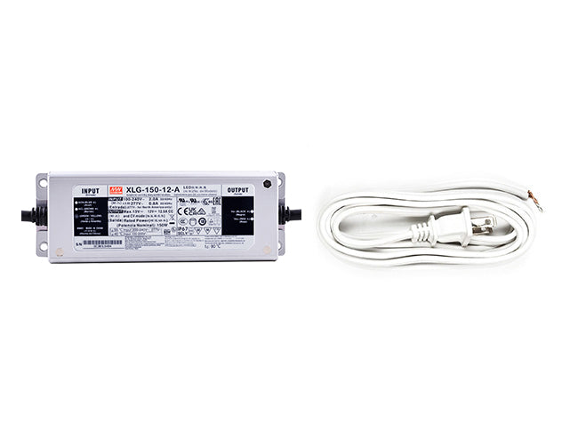 A Mean Well 150W 12VDC LED driver pictured with a white two-prong power cord.