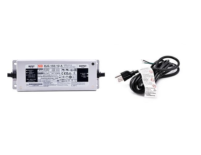 A Mean Well 150W 12VDC LED driver and a black three-prong power cord ideal for connection to line voltage.