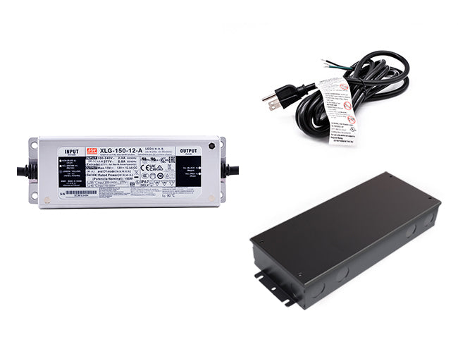 150W power supply by Mean Well, black junction box, and three-prong power cord ideal for powering LED strip light systems.