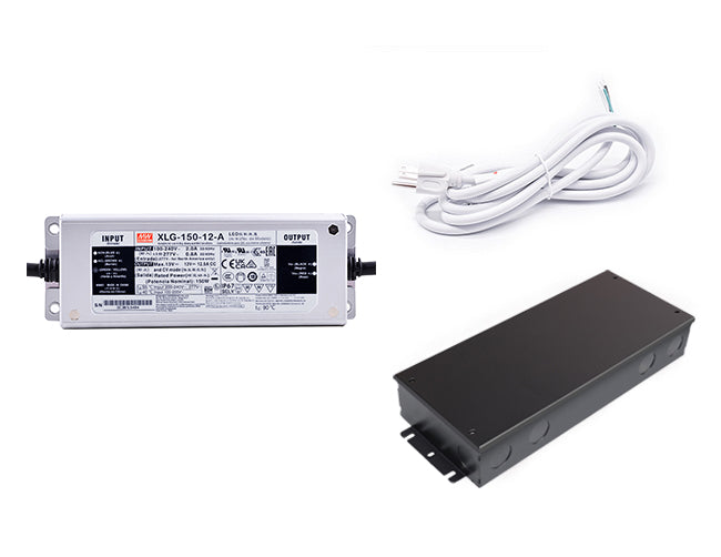 A Mean Well 150W 12VDC LED power supply with black junction box and a white three-prong power cord.