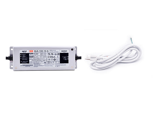 Mean Well 150W power supply and white three-prong power cord for powering LED light strips.