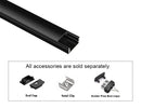 GL LED Slim Flat YD-1205 Black Aluminum Channel with Black Diffuser for LED strips. Accessories, including End Cap, Metal Clip, and Solder-Free End Caps, are displayed below (sold separately).