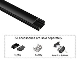 GL LED Slim Flat YD-1205 Black Aluminum Channel with Black Diffuser for LED strips. Accessories, including End Cap, Metal Clip, and Solder-Free End Caps, are displayed below (sold separately).