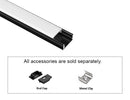 GL LED Slim Flat GLQ-1709 Black Aluminum Channel with Milky Diffuser for LED strips. Accessories, including End Cap, Metal Clip, and Solder-Free End Caps, are displayed below (sold separately).
