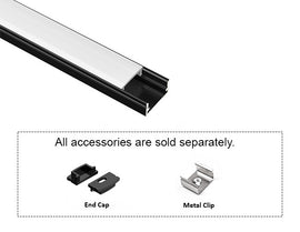 GL LED Slim Flat GLQ-1709 Black Aluminum Channel with Milky Diffuser for LED strips. Accessories, including End Cap, Metal Clip, and Solder-Free End Caps, are displayed below (sold separately).
