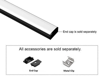 GL LED Slim Flat GLQ-1709 Black Aluminum Channel with Milky Diffuser for LED strips. Accessories, including End Cap, Metal Clip, and Solder-Free End Caps, are displayed below (sold separately).