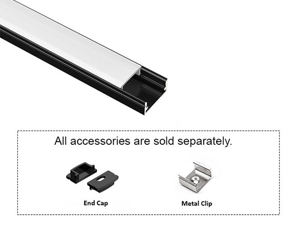 GL LED Slim Flat GLQ-1709 Black Aluminum Channel with Milky Diffuser for LED strips. Accessories, including End Cap, Metal Clip, and Solder-Free End Caps, are displayed below (sold separately).