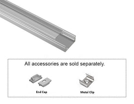 GL LED Slim Flat GLQ-1709 Silver Aluminum Channel with Clear Diffuser for LED strips. Accessories, including End Cap, Metal Clip, and Solder-Free End Caps, are displayed below (sold separately).