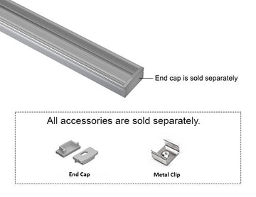 GL LED Slim Flat GLQ-1709 Silver Aluminum Channel with Clear Diffuser for LED strips. Accessories, including End Cap, Metal Clip, and Solder-Free End Caps, are displayed below (sold separately).