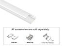 GL LED Slim Flat GLQ-1709 White Aluminum Channel with Milky Diffuser for LED strips. Accessories, including End Cap, Metal Clip, and Solder-Free End Caps, are displayed below (sold separately).