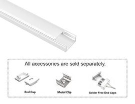 GL LED Slim Flat GLQ-1709 White Aluminum Channel with Milky Diffuser for LED strips. Accessories, including End Cap, Metal Clip, and Solder-Free End Caps, are displayed below (sold separately).