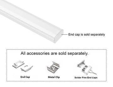 GL LED Slim Flat GLQ-1709 White Aluminum Channel with Milky Diffuser for LED strips. Accessories, including End Cap, Metal Clip, and Solder-Free End Caps, are displayed below (sold separately).